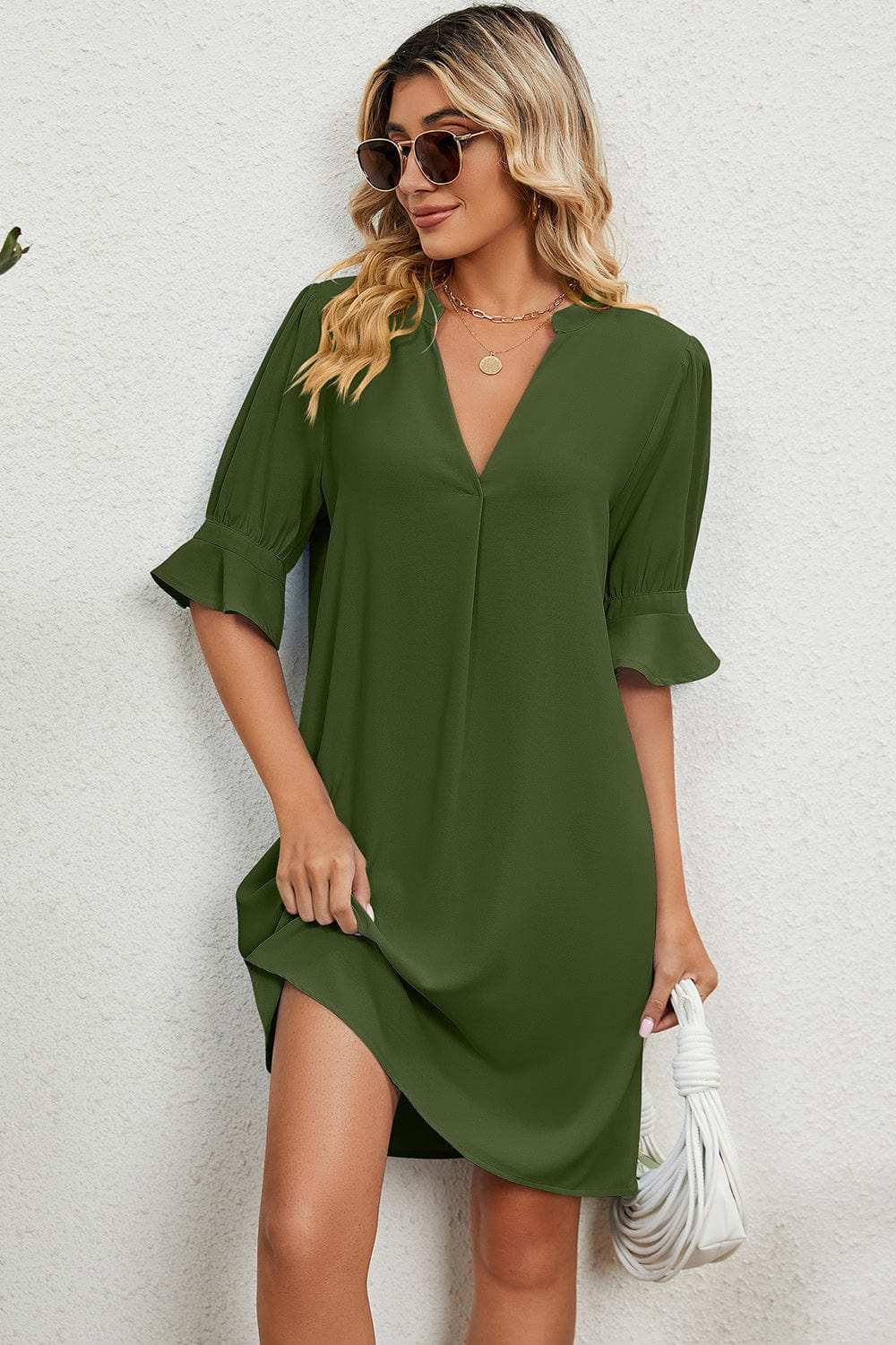 Notched Flounce Sleeve Mini Dress - Trendsi - Flyclothing LLC