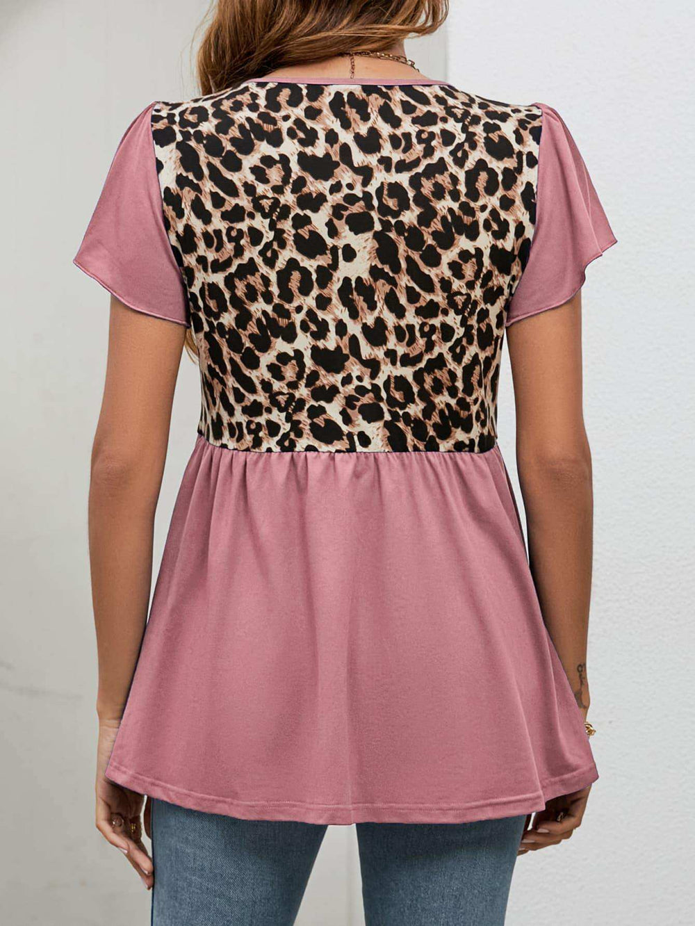 Leopard Round Neck Flutter Sleeve Babydoll Blouse - Trendsi - Flyclothing LLC