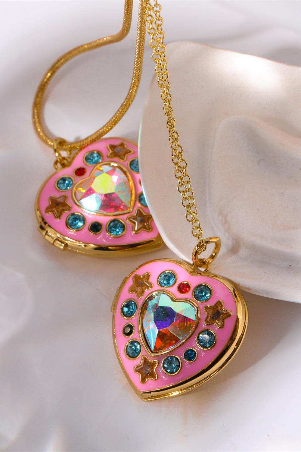 Rhinestone Decor Heart Box Pendant Necklace - Trendsi - Flyclothing LLC