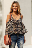 Printed Cold-Shoulder Three-Quarter Flare Sleeve Blouse - Trendsi - Flyclothing LLC