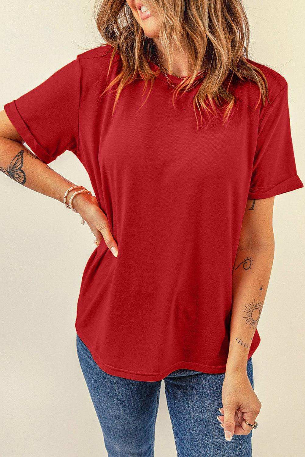 Round Neck Cuffed Short Sleeve Tee - Trendsi - Flyclothing LLC