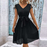V-Neck Tie Belt Pleated Dress - Trendsi - Flyclothing LLC