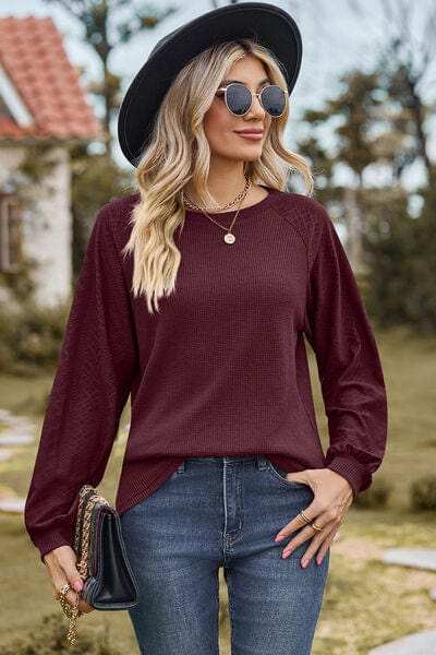 Eyelet Round Neck Long Sleeve T-Shirt - Trendsi - Flyclothing LLC