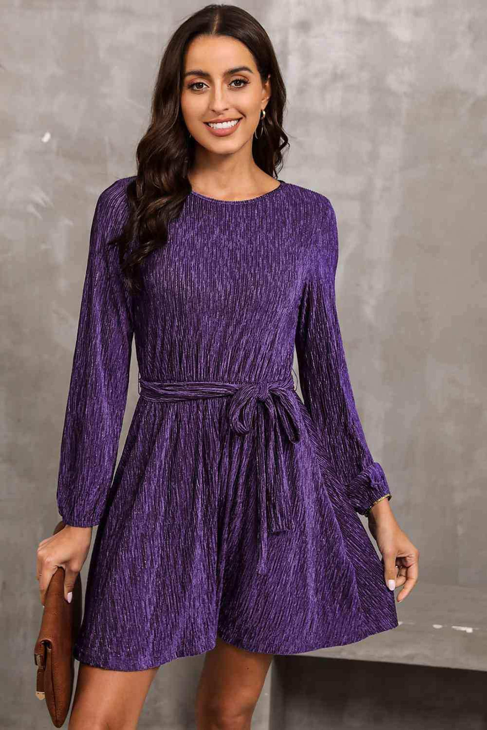 Round Neck Tie Front Long Sleeve Dress - Trendsi - Flyclothing LLC