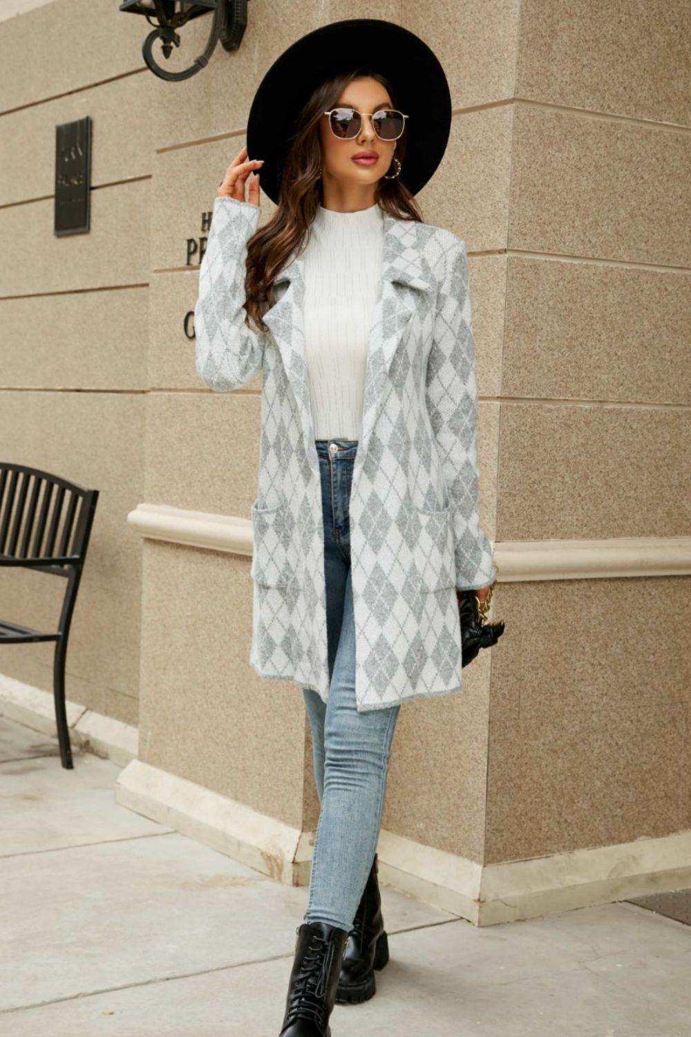 Printed Open Front Lapel Collar Cardigan with Pockets - Trendsi - Flyclothing LLC