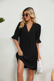 Notched Neck Flounce Sleeve Dress - Trendsi - Flyclothing LLC
