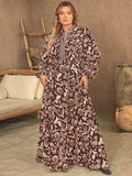Plus Size Notched Balloon Sleeve Printed Maxi Dress - Trendsi - Flyclothing LLC