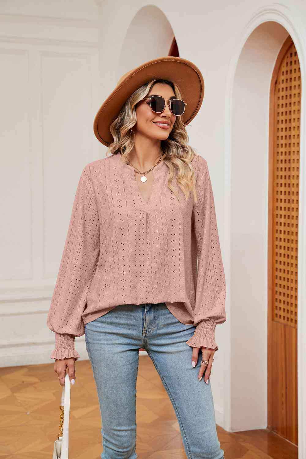 Notched Neck Flounce Sleeve Blouse - Trendsi - Flyclothing LLC