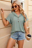 Eyelet Drawstring Hooded Short Sleeve Blouse - Trendsi - Flyclothing LLC