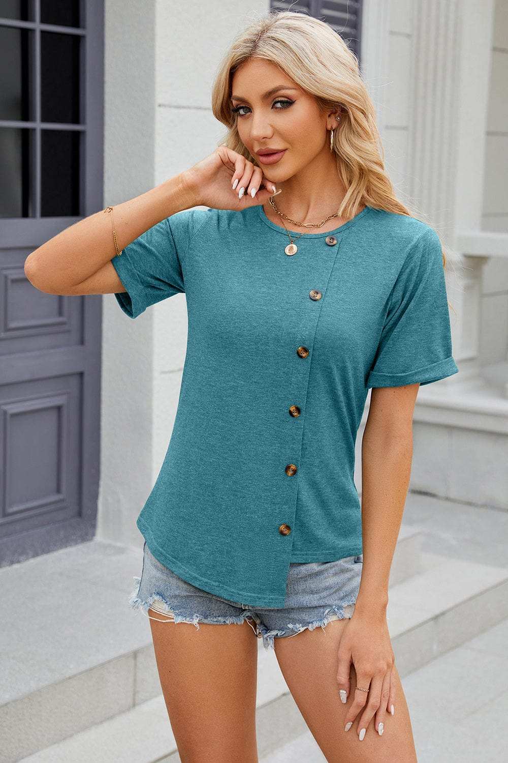 Round Neck Short Sleeve T-Shirt - Trendsi - Flyclothing LLC