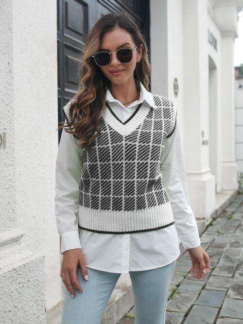 Plaid V-Neck Sweater Vest - Trendsi - Flyclothing LLC