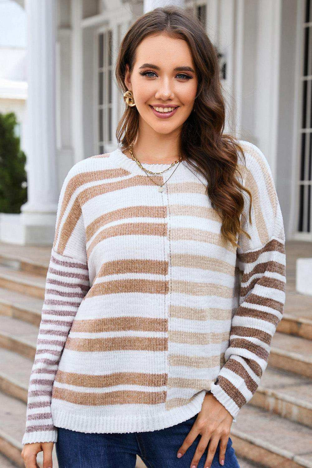Striped Round Neck Dropped Shoulder Sweater - Trendsi - Flyclothing LLC