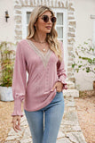 Eyelet V-Neck Smocked Flounce Sleeve Blouse - Trendsi - Flyclothing LLC