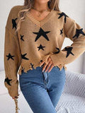 Star Pattern Distressed V-Neck Cropped Sweater - Trendsi - Flyclothing LLC