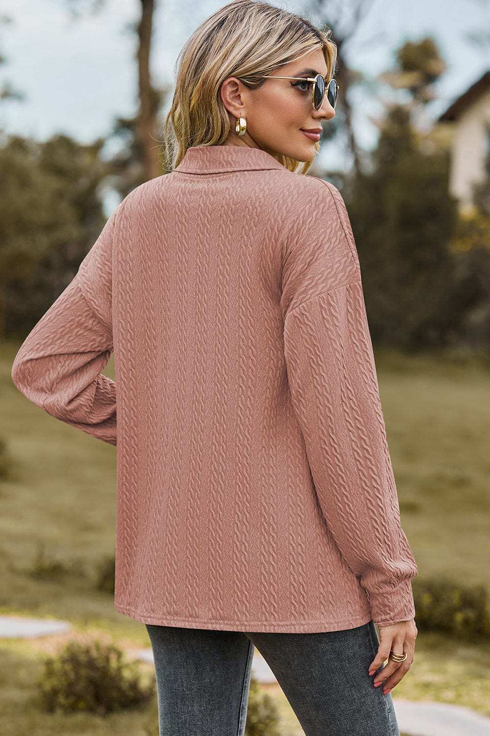 Half Button Dropped Shoulder Blouse - Trendsi - Flyclothing LLC