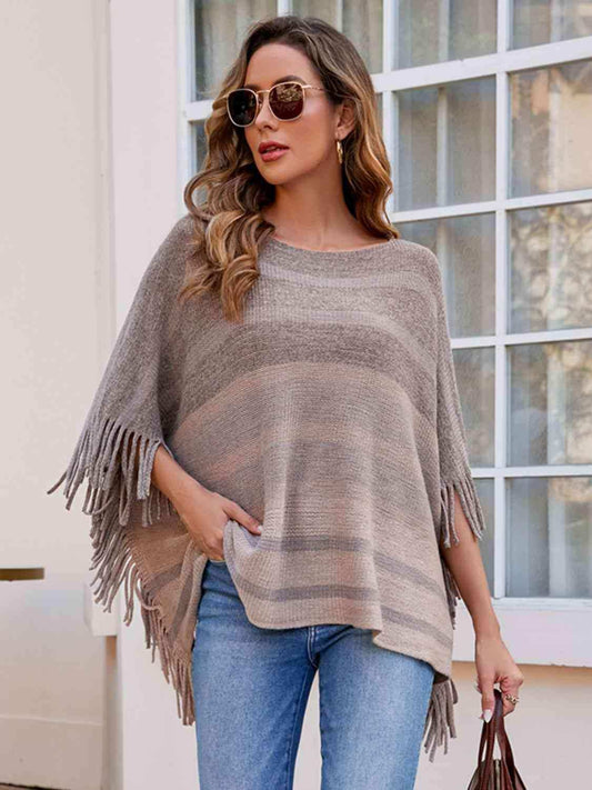 Striped Boat Neck Poncho with Fringes - Trendsi - Flyclothing LLC