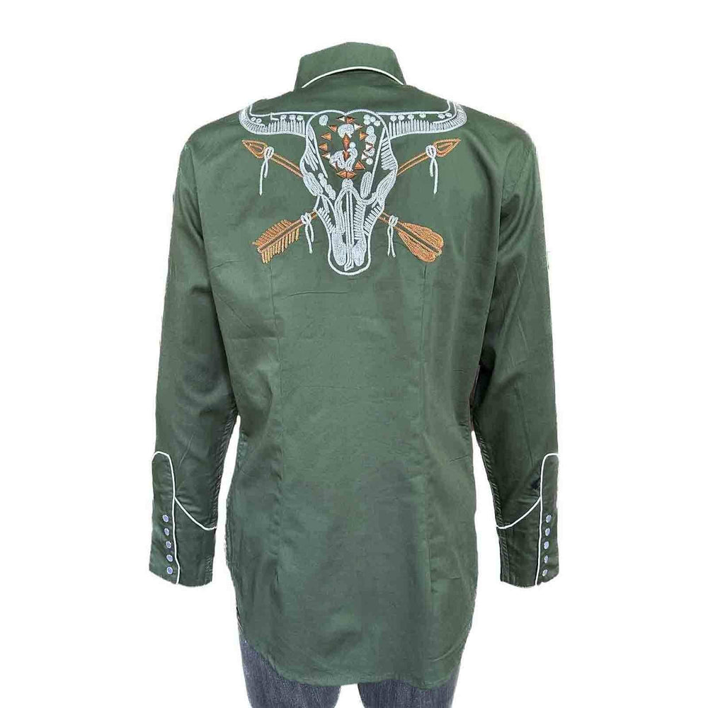 Rockmount Clothing Women’s Vintage Green Steer Skull & Arrow Chain Stitch Embroidery Western Shirt - Rockmount Clothing - Flyclothing LLC