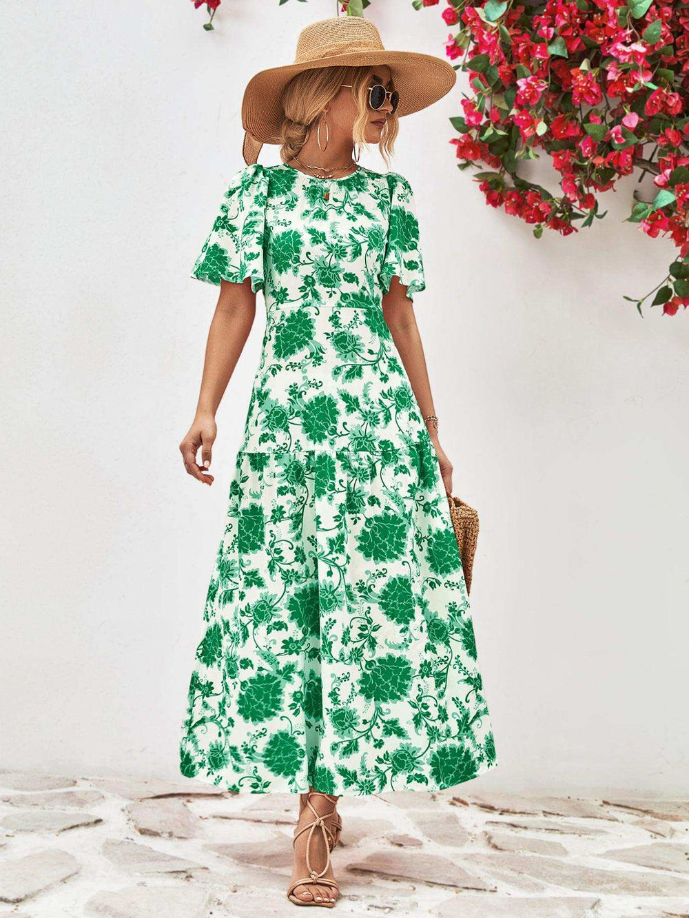 Floral Round Neck Tied Open Back Dress - Trendsi - Flyclothing LLC