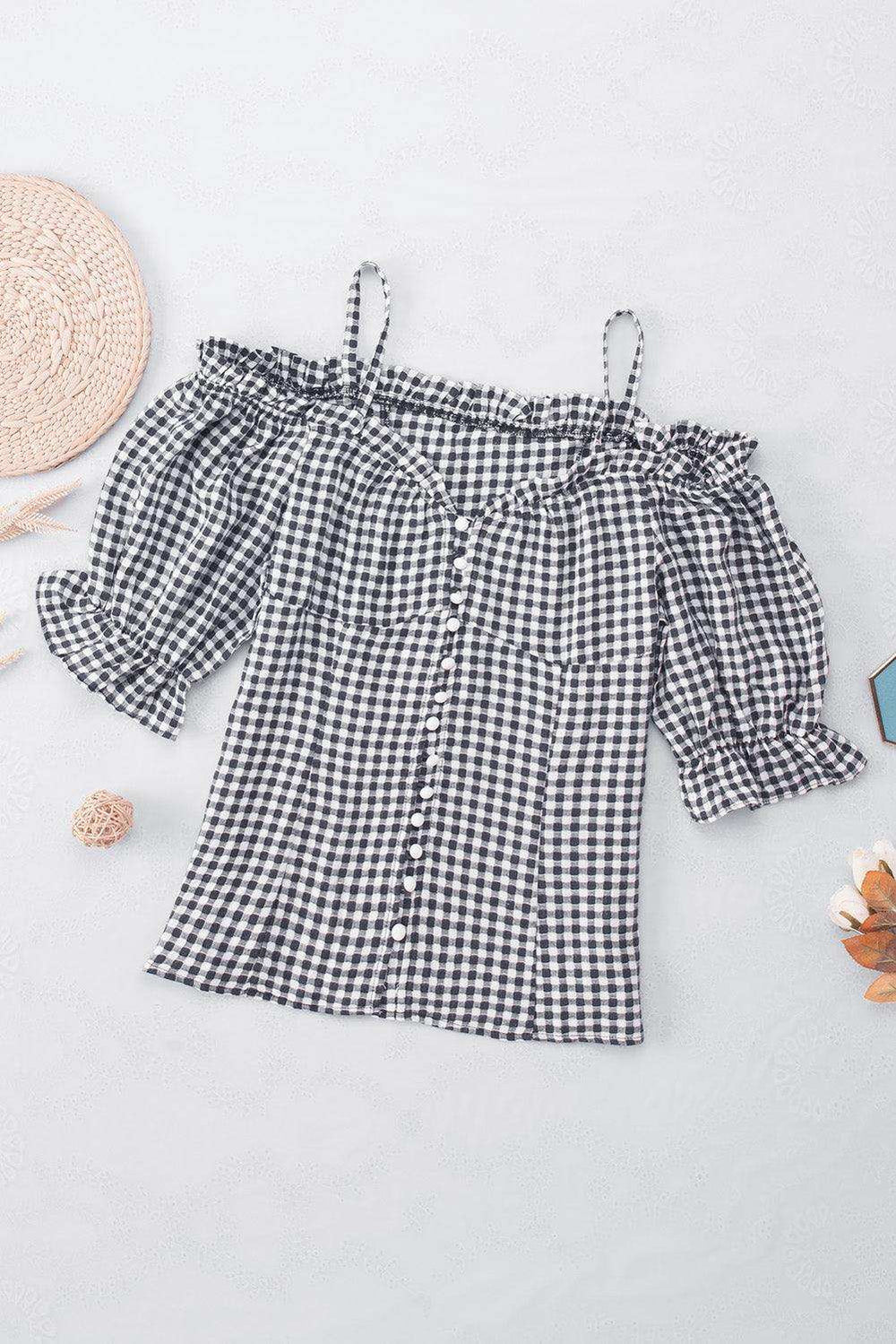 Plaid Buttoned Sweetheart Neck Cold-Shoulder Top - Trendsi - Flyclothing LLC