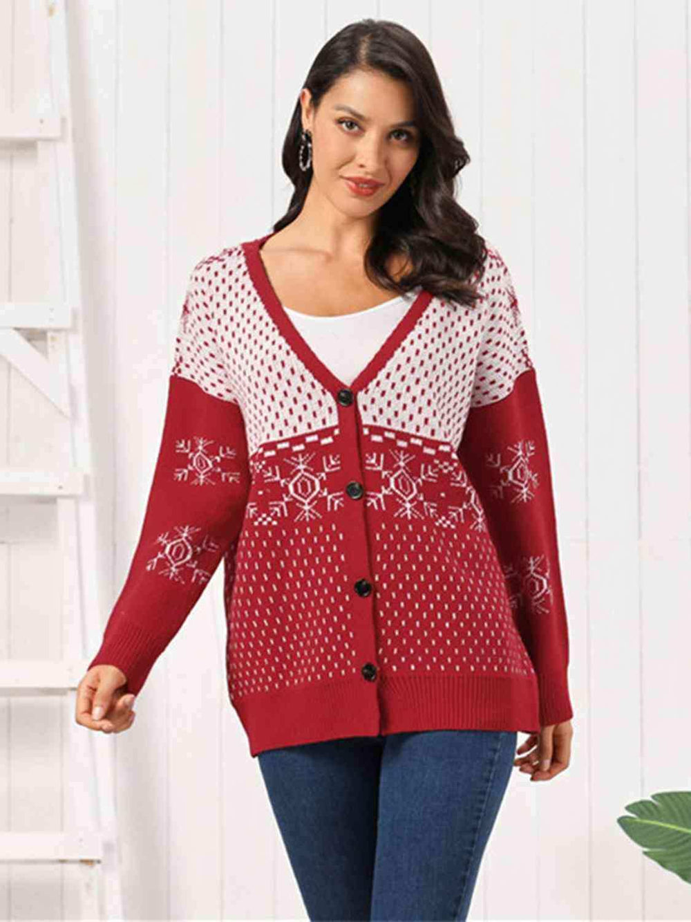 Snowflake Button Down Cardigan - Trendsi - Flyclothing LLC