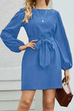 Tied Boat Neck Balloon Sleeve Mini Dress - Trendsi - Flyclothing LLC