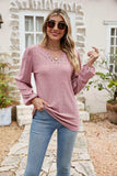 Eyelet Notched Neck Balloon Sleeve Blouse - Trendsi - Flyclothing LLC