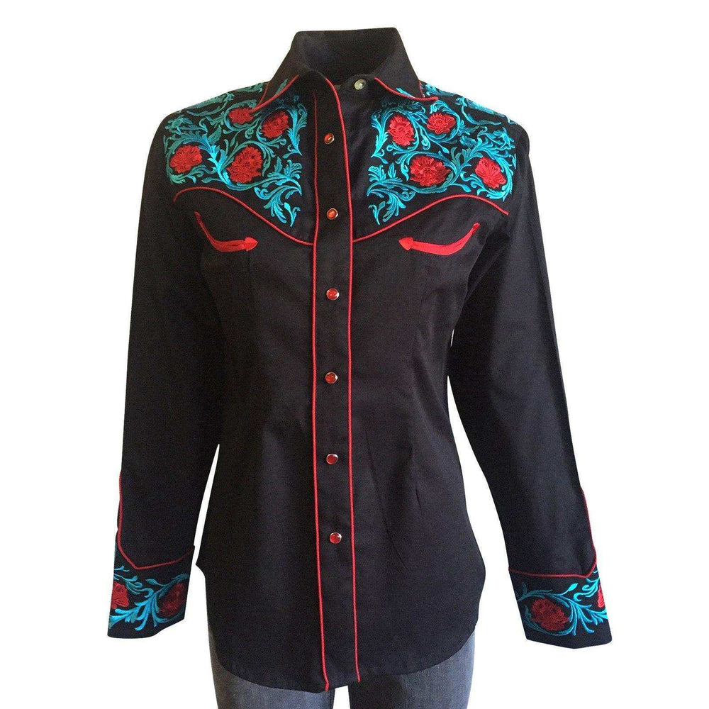 Women's Vintage Floral Embroidery Black Western Shirt - Rockmount Clothing - Flyclothing LLC