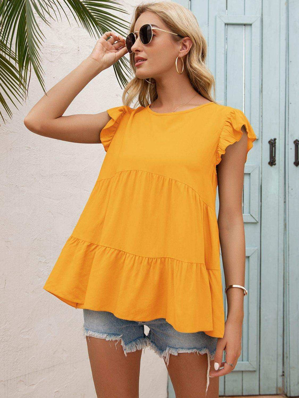 Round Neck Flutter Sleeve Tiered Blouse - Trendsi - Flyclothing LLC