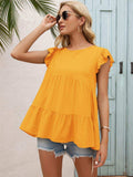 Round Neck Flutter Sleeve Tiered Blouse - Trendsi - Flyclothing LLC