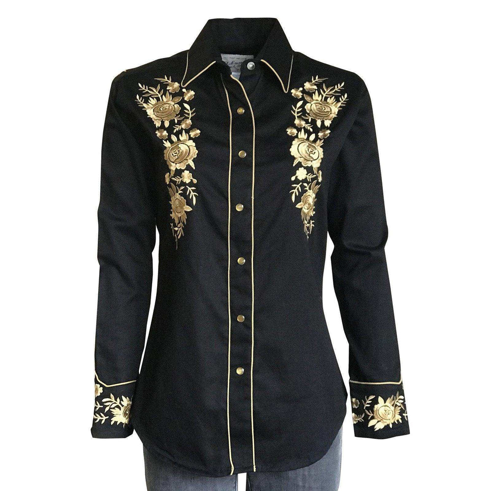 Rockmount Ranch Wear Womens Black Vintage Western Shirt with Gold Embroidery - Rockmount Clothing - Flyclothing LLC
