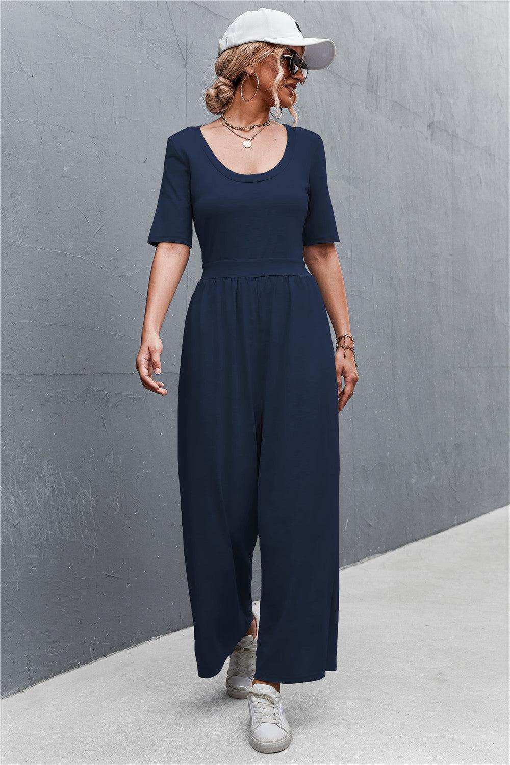 Scoop Neck Half Sleeve Wide Leg Jumpsuit - Trendsi - Flyclothing LLC