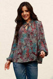 Tie Neck Heathered Balloon Sleeve Blouse - Trendsi - Flyclothing LLC