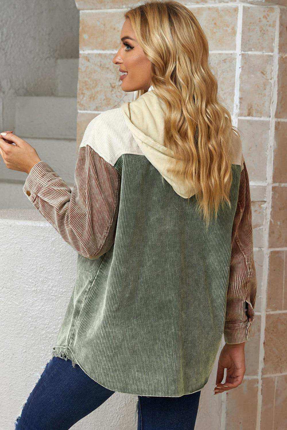 Snap Front Hooded Corduroy Shacket - Trendsi - Flyclothing LLC