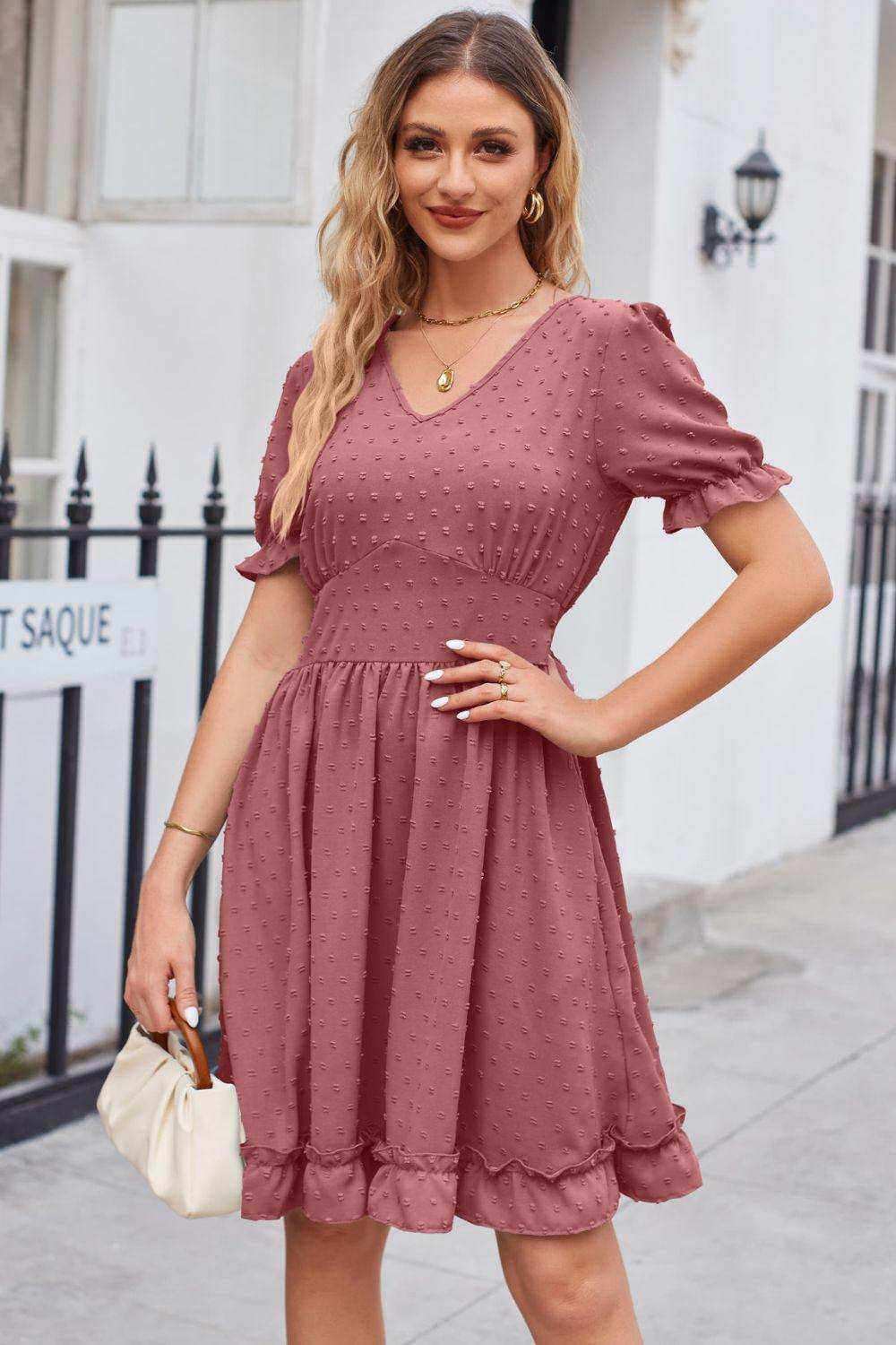 Swiss Dot Frill Trim Flounce Sleeve V-Neck Dress - Trendsi - Flyclothing LLC