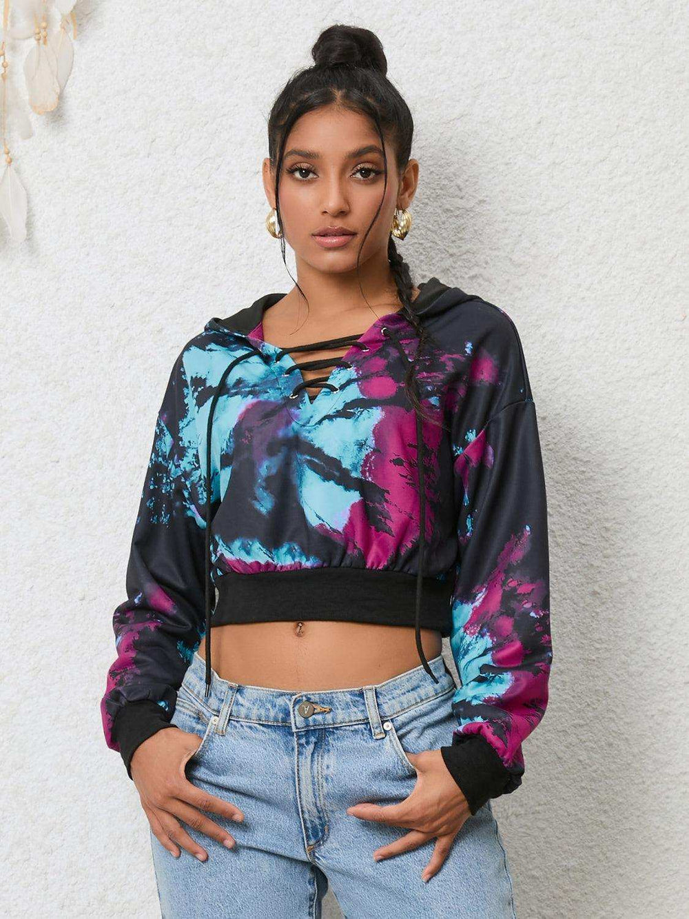Tie-Dye Lace-Up Hoodie - Trendsi - Flyclothing LLC