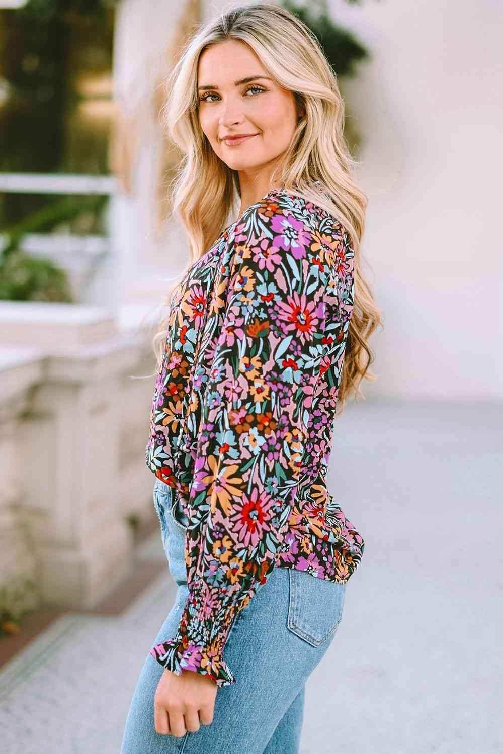 Floral Tie Neck Flounce Sleeve Blouse - Trendsi - Flyclothing LLC