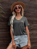 Glitter V-Neck Short Sleeve Tee Shirt - Trendsi - Flyclothing LLC