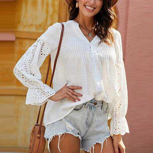 Crochet Flounce Sleeve Button Up Blouse - Trendsi - Flyclothing LLC