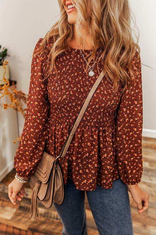 Floral Smocked Ruffle Hem Long Sleeve Blouse - Trendsi - Flyclothing LLC