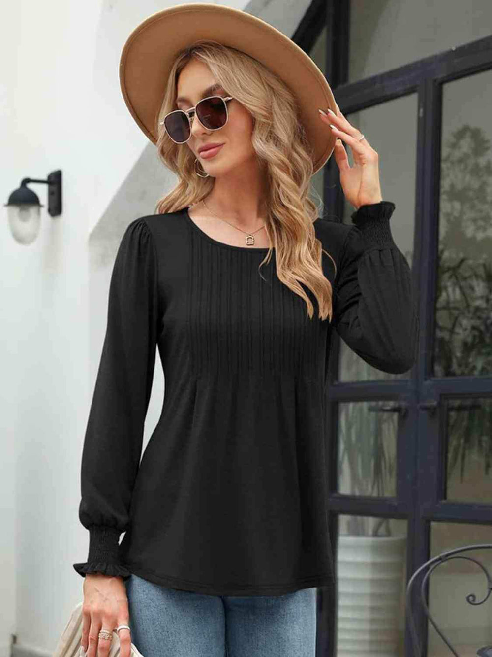 Smocked Round Neck Lantern Sleeve Blouse - Trendsi - Flyclothing LLC