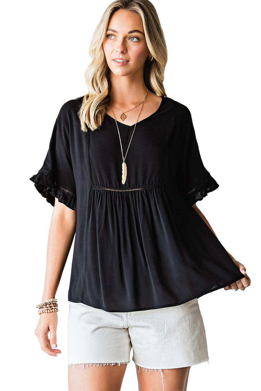 V-Neck Flounce Sleeve Babydoll Blouse - Trendsi - Flyclothing LLC