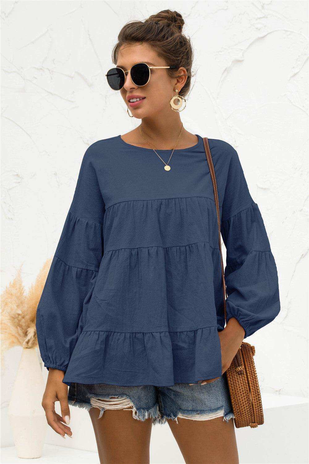 Round Neck Bubble Sleeve Tiered Blouse - Trendsi - Flyclothing LLC