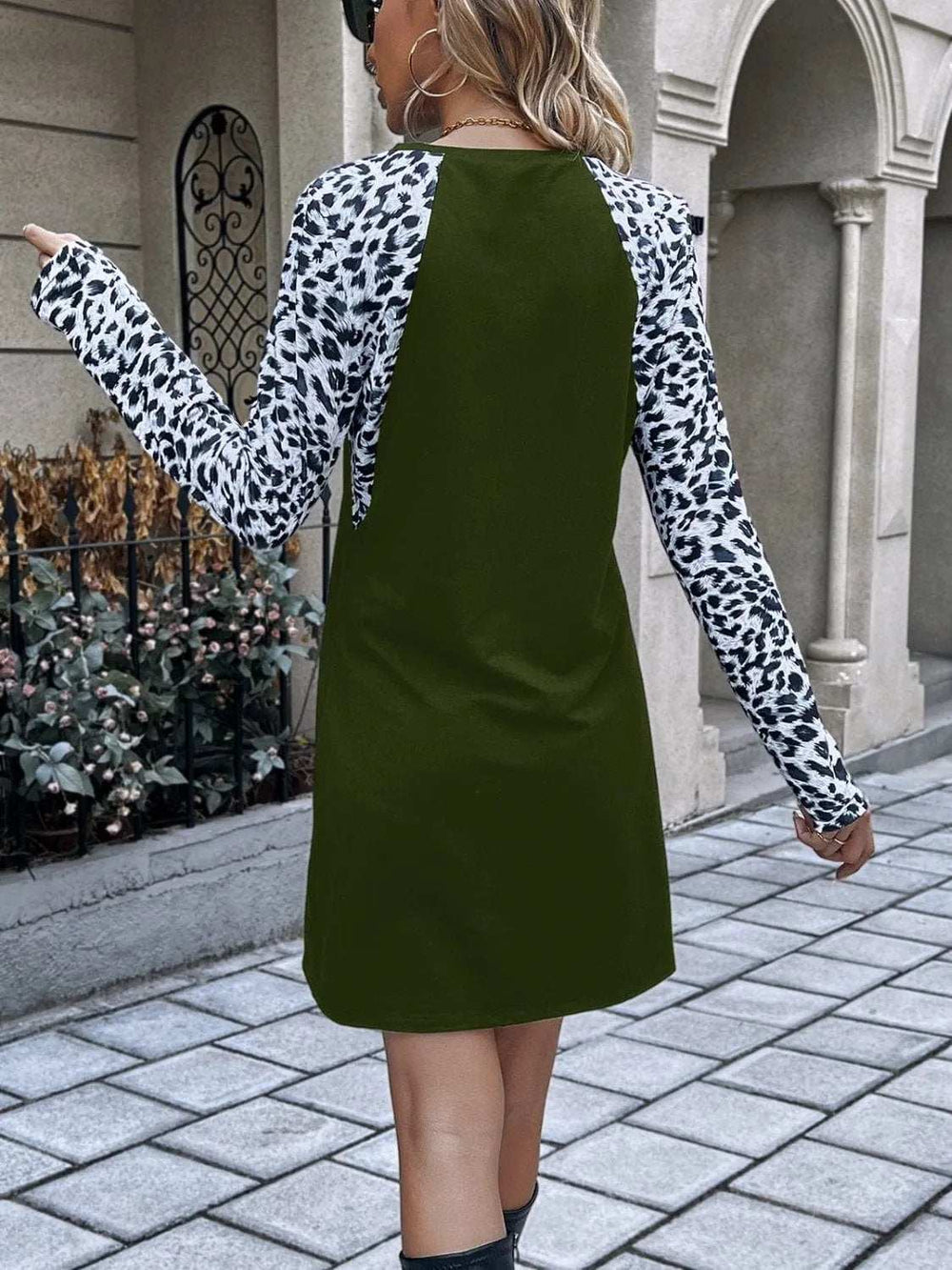 Leopard Round Neck Long Sleeve Dress - Trendsi - Flyclothing LLC