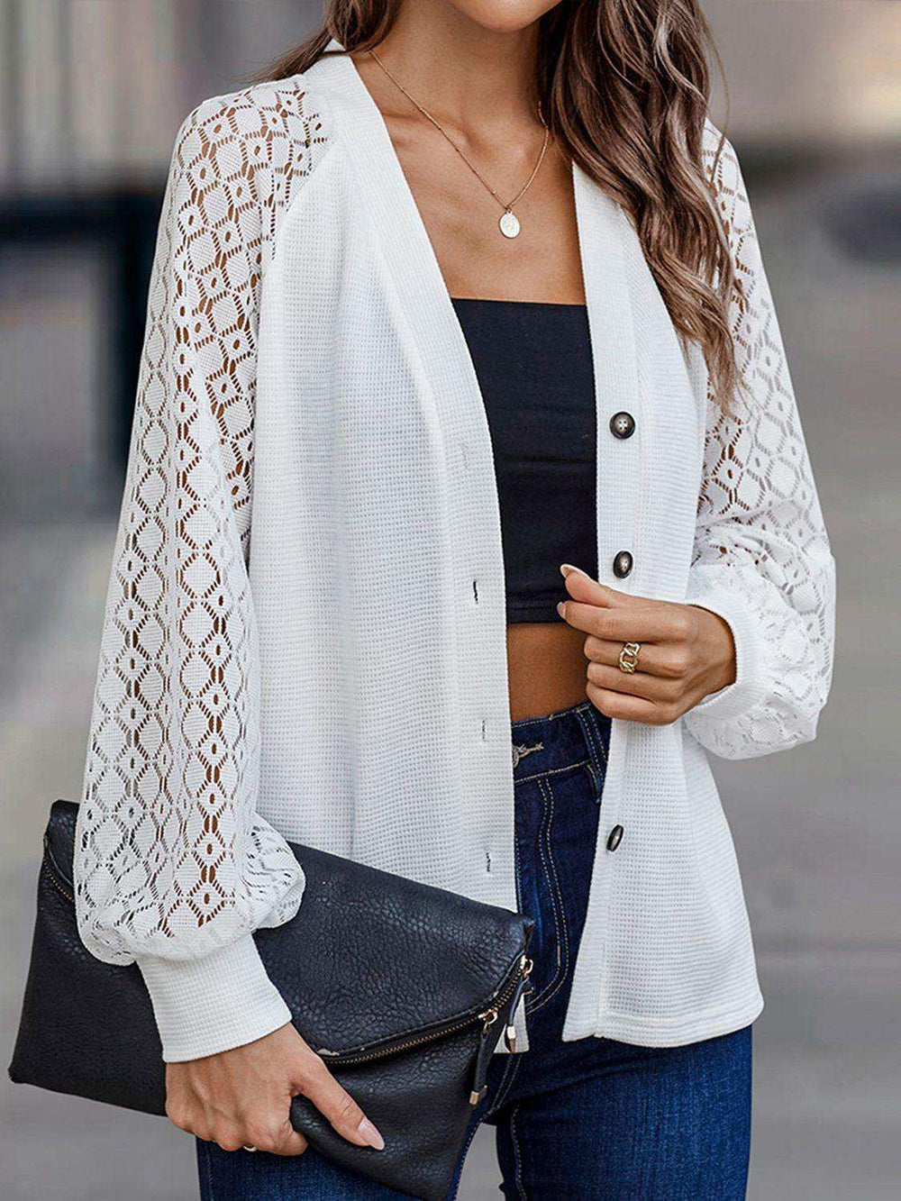 Lantern Sleeve V-Neck Button-Down Cardigan - Trendsi - Flyclothing LLC