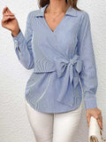 Bow Tie Waist Johnny Collar Neck Striped Blouse - Trendsi - Flyclothing LLC