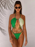 Contrast Halter Neck Chain Detail One-Piece Swimsuit - Trendsi - Flyclothing LLC