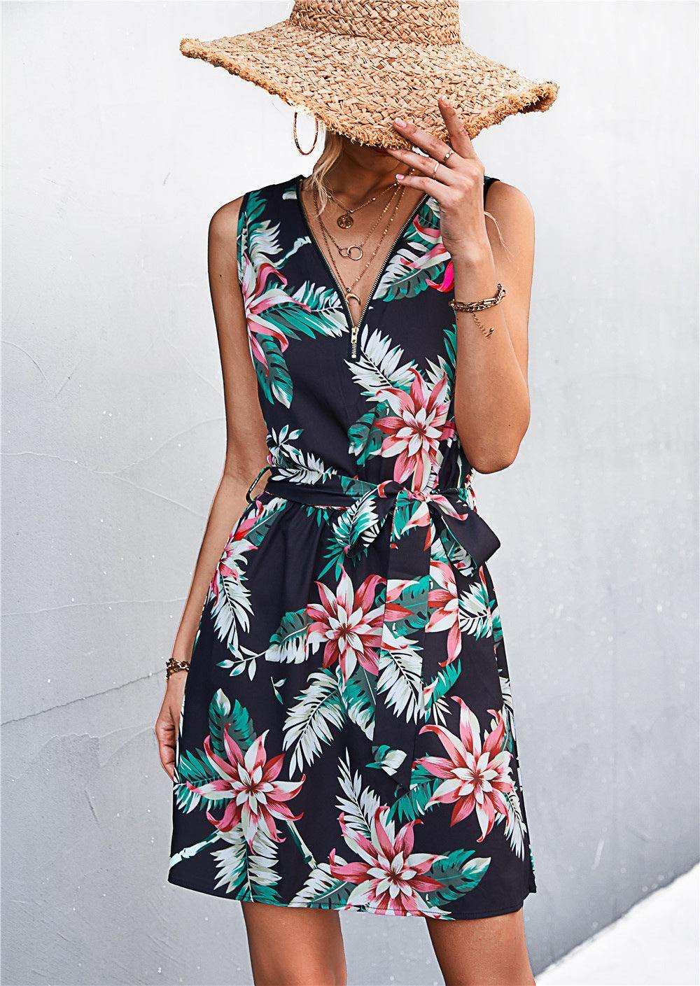 Printed Zip Detail Belted Sleeveless Dress - Trendsi - Flyclothing LLC