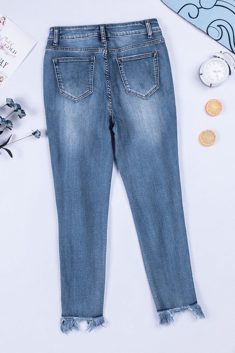 Distressed Frayed Hem Cropped Jeans - Flyclothing LLC