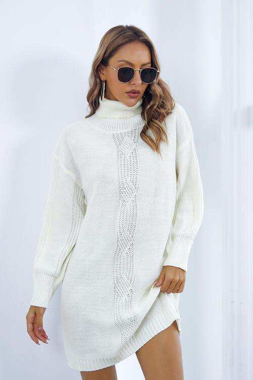 Openwork Turtleneck Long Sleeve Sweater Dress - Trendsi - Flyclothing LLC