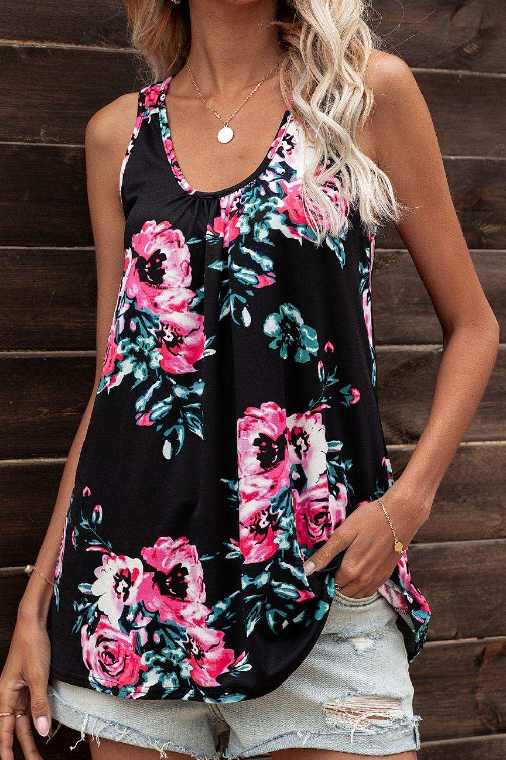 Floral Scoop Neck Tank Top - Trendsi - Flyclothing LLC